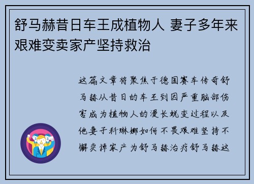 舒马赫昔日车王成植物人 妻子多年来艰难变卖家产坚持救治 舒马赫昔日车王成植物人 妻子多年来艰难变卖家产坚持救治