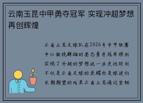 云南玉昆中甲勇夺冠军 实现冲超梦想再创辉煌 云南玉昆中甲勇夺冠军 实现冲超梦想再创辉煌